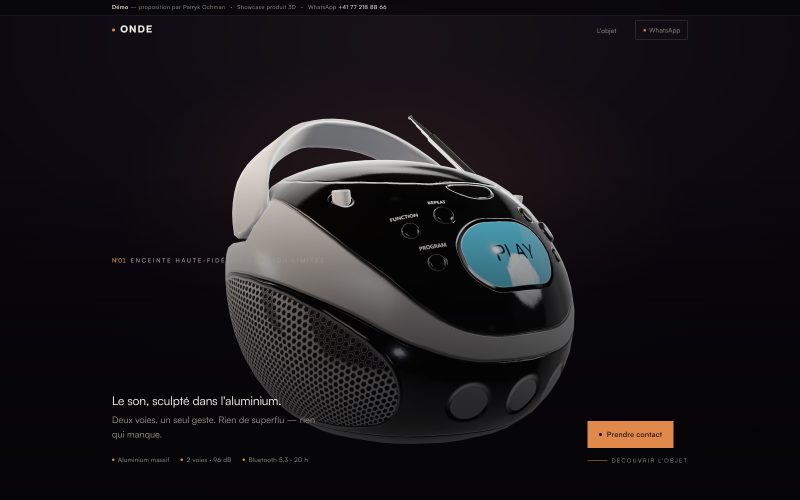 Expérience 3D — ONDE, showcase d'un produit en 3D (démo)