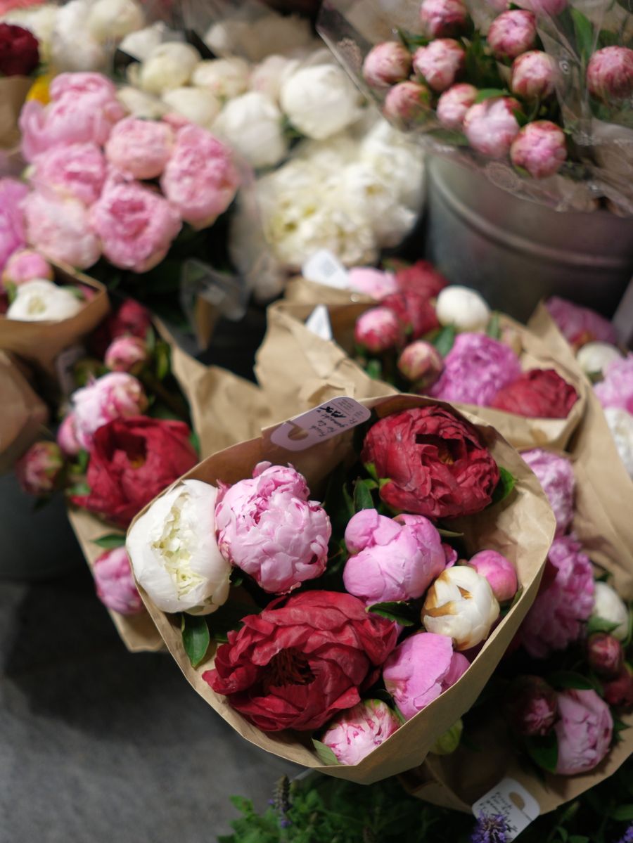 Pivoines roses et blanches emballées dans du papier kraft