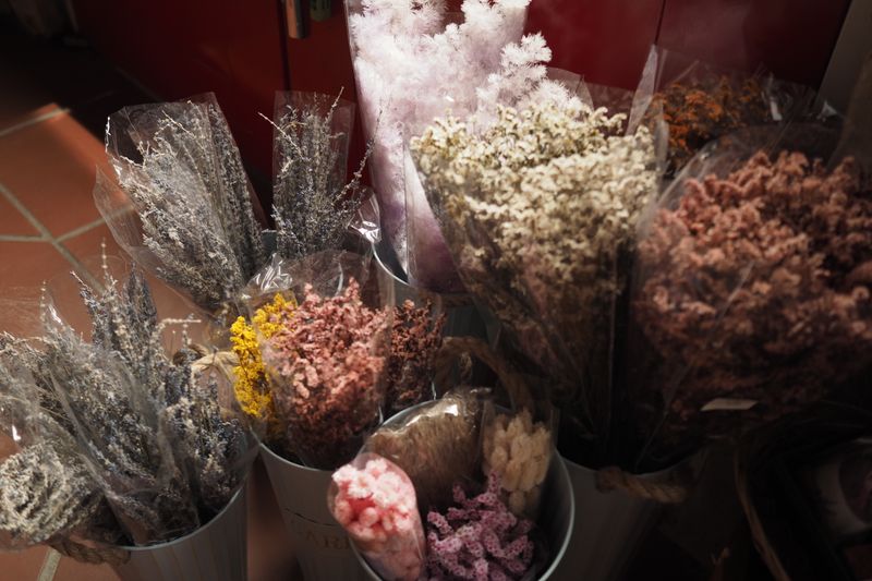 Bouquets de fleurs séchées, lavande et statice