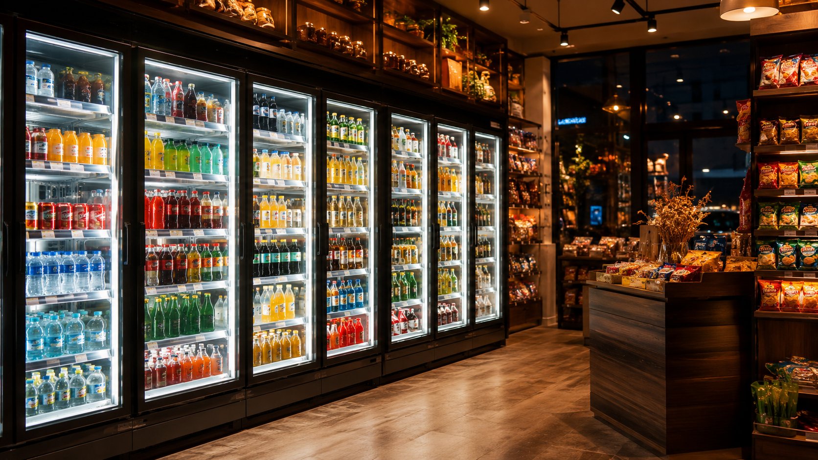 Mur de bouteilles de boissons colorées sur des étagères, grand choix