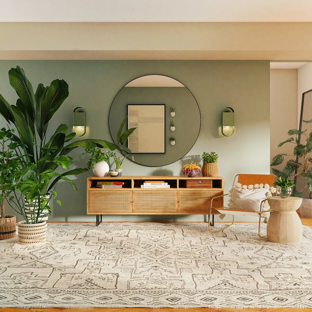 Salon repeint en sauge — mur d'accent et miroir